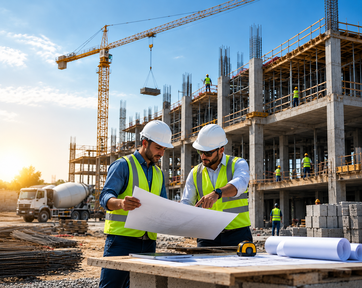 Construction professionals reviewing plans on site